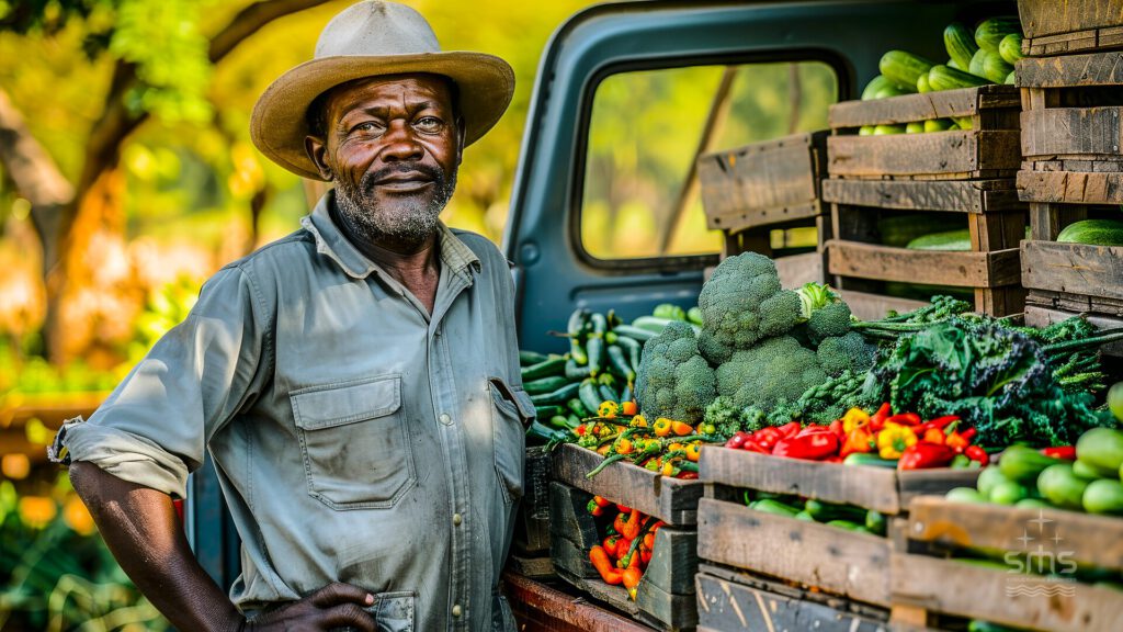 senhor ao lado do caminhão de alimentos